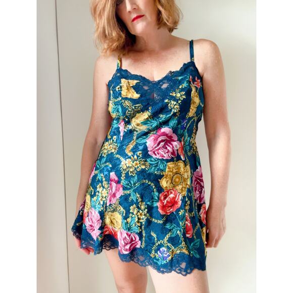 VTG 90s Victoria’s Secret Chemise Slip Dress Floral Satin Size M Sexy Lingerie - Picture 1 of 6